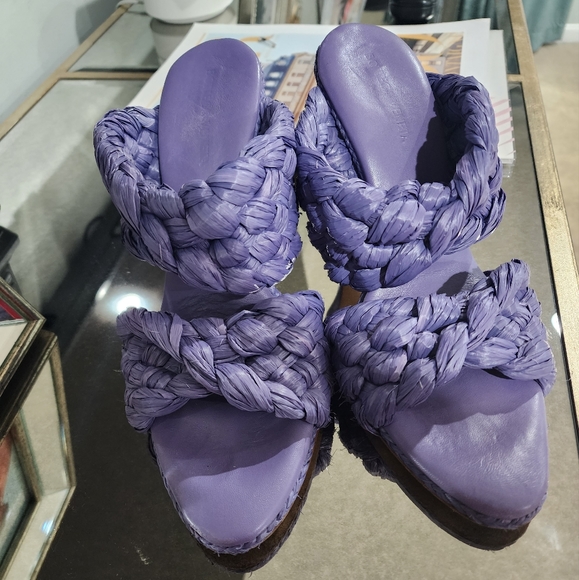Bottega Veneta Shoes - Bottega Veneta purple raffia sandals/slides
